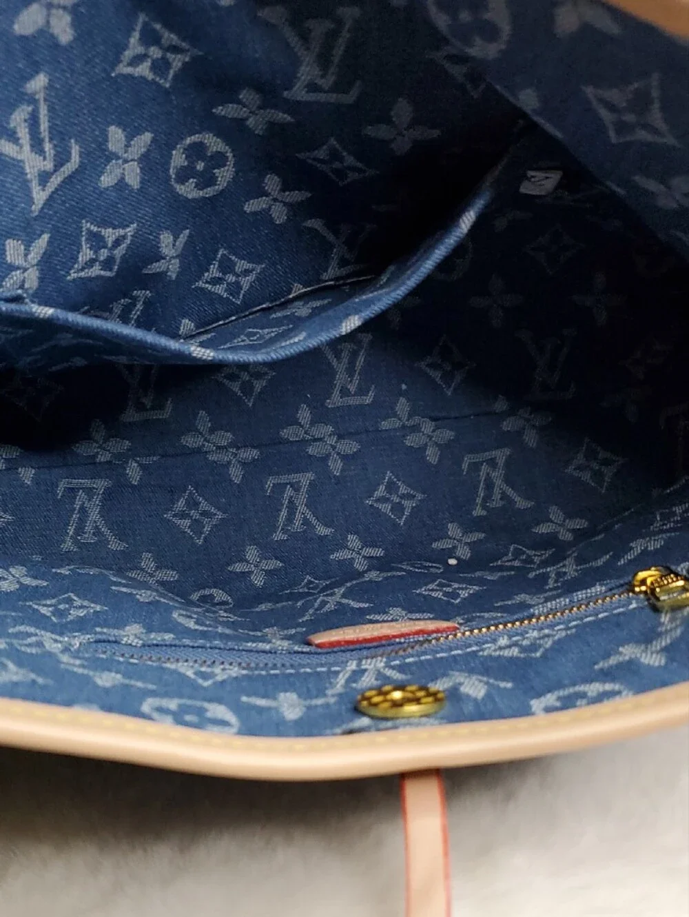 Blue Monogram Denim Shoulder Bag with Beige Trim